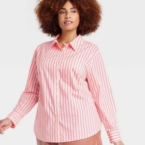 Women's Slim Fit Striped Boyfriend Tailored Button Down Shirt A New Day L